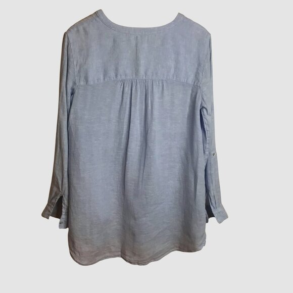 SIGRID OLSEN Linen Tunic Blouse Blue Button Front Long Tab Sleeve Pockets Sz M - Picture 2 of 8